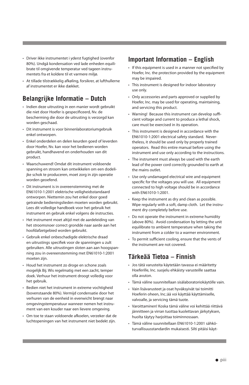 Belangrijke informatie – dutch, Important information – english, Tärkeää tietoa – finnish | Hoefer TE70X User Manual | Page 4 / 31