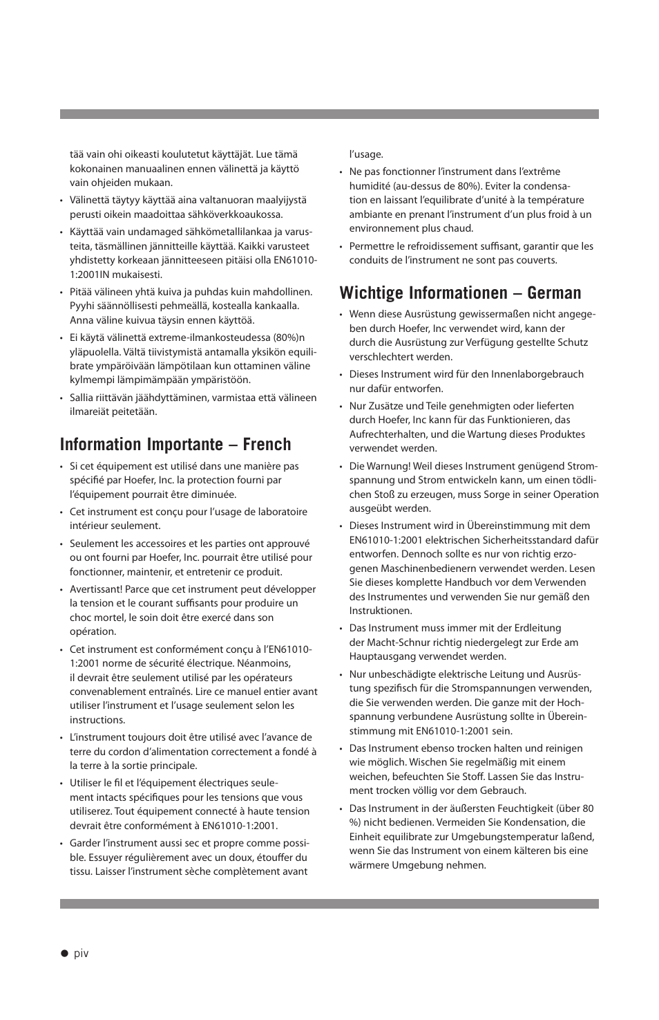 Information importante – french, Wichtige informationen – german | Hoefer TE70X User Manual | Page 5 / 31