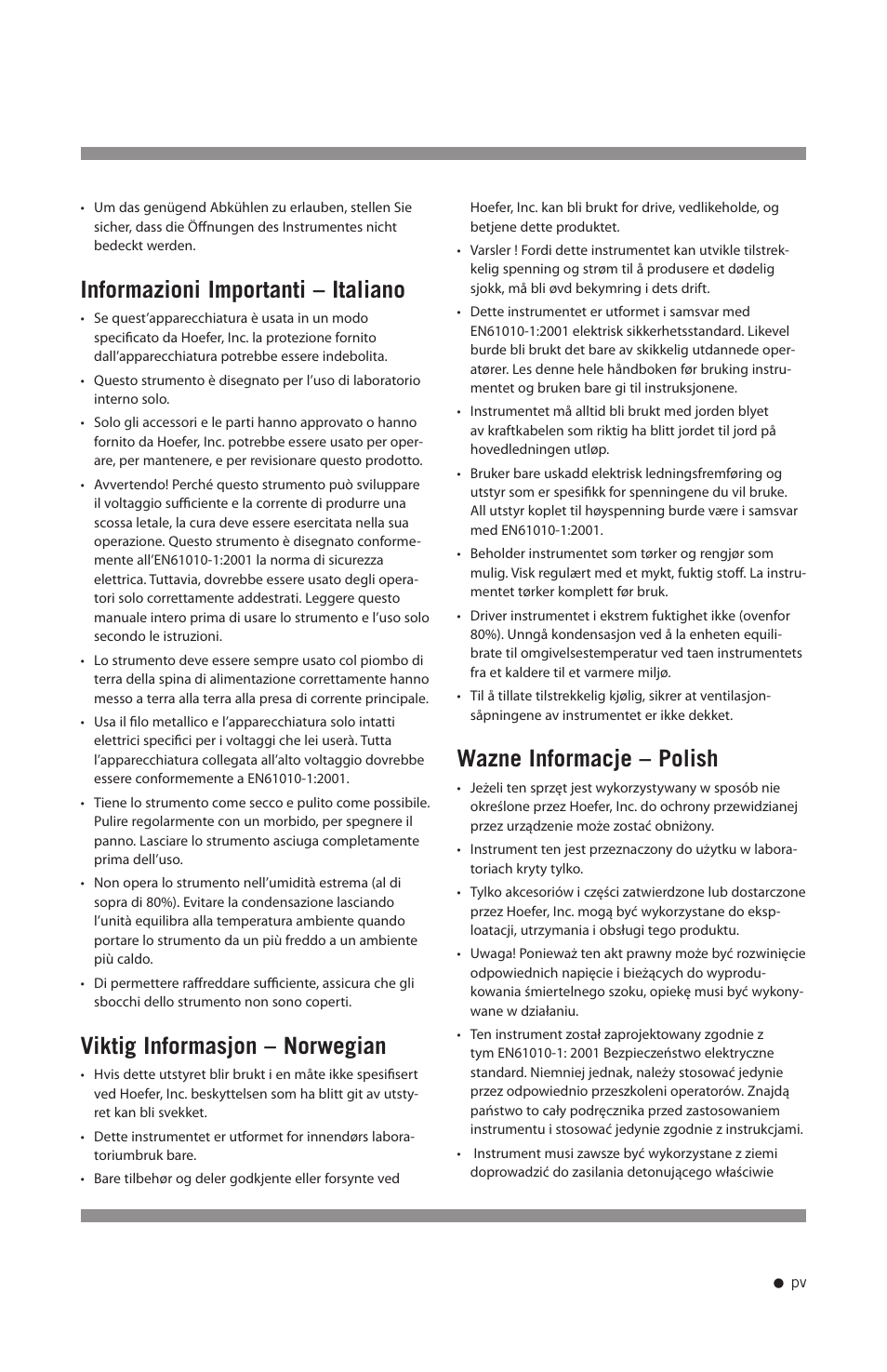 Informazioni importanti – italiano, Viktig informasjon – norwegian, Wazne informacje – polish | Hoefer TE70X User Manual | Page 6 / 31