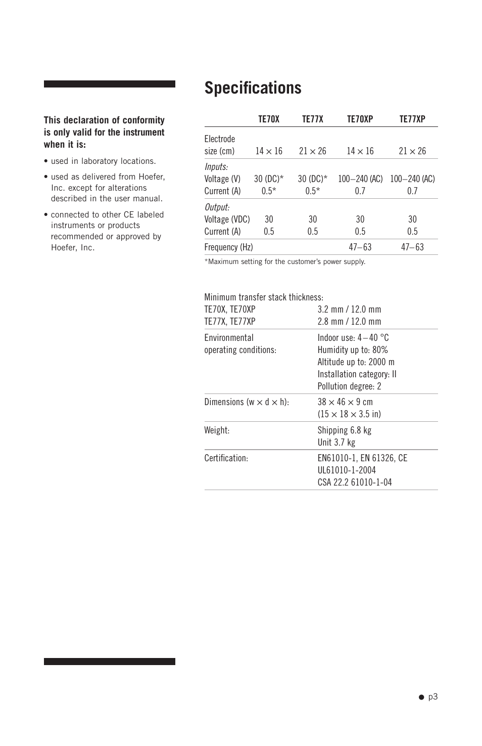 Specifications | Hoefer TE70X User Manual | Page 11 / 31