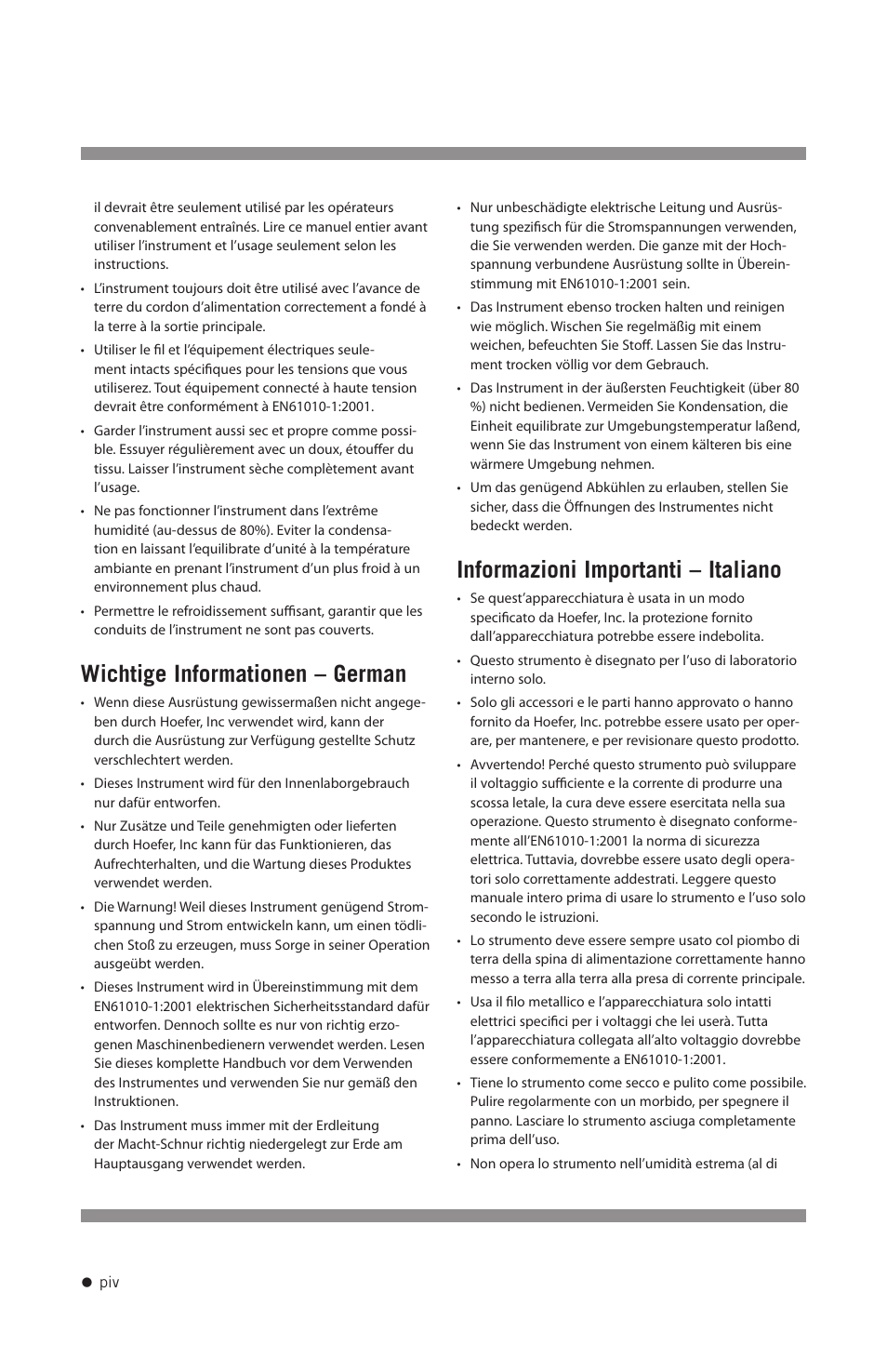 Wichtige informationen – german, Informazioni importanti – italiano | Hoefer TE70X User Manual | Page 5 / 31