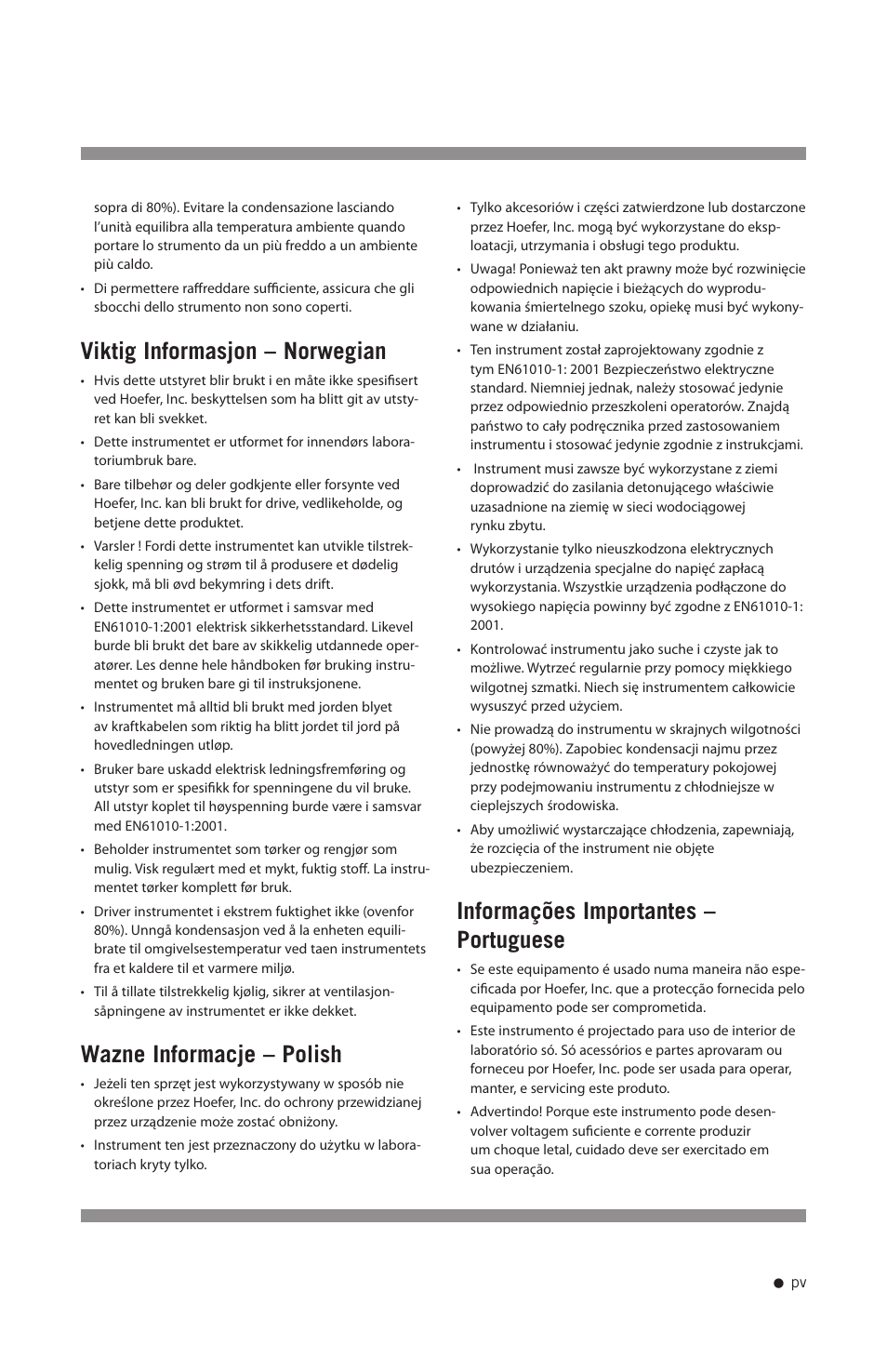 Viktig informasjon – norwegian, Wazne informacje – polish, Informações importantes – portuguese | Hoefer TE70X User Manual | Page 6 / 31