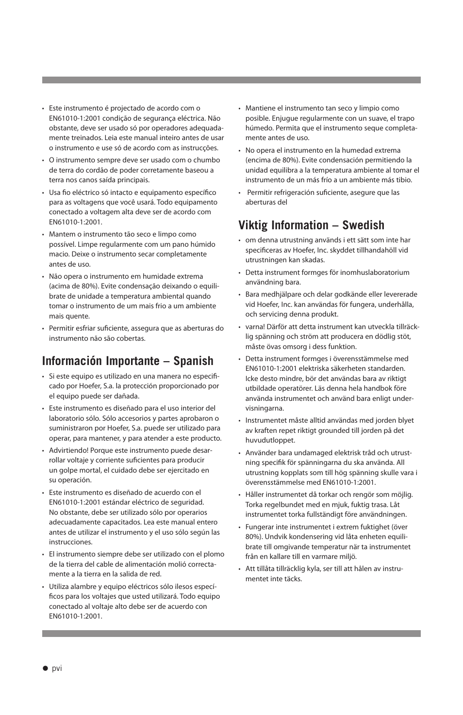 Información importante – spanish, Viktig information – swedish | Hoefer TE70X User Manual | Page 7 / 31