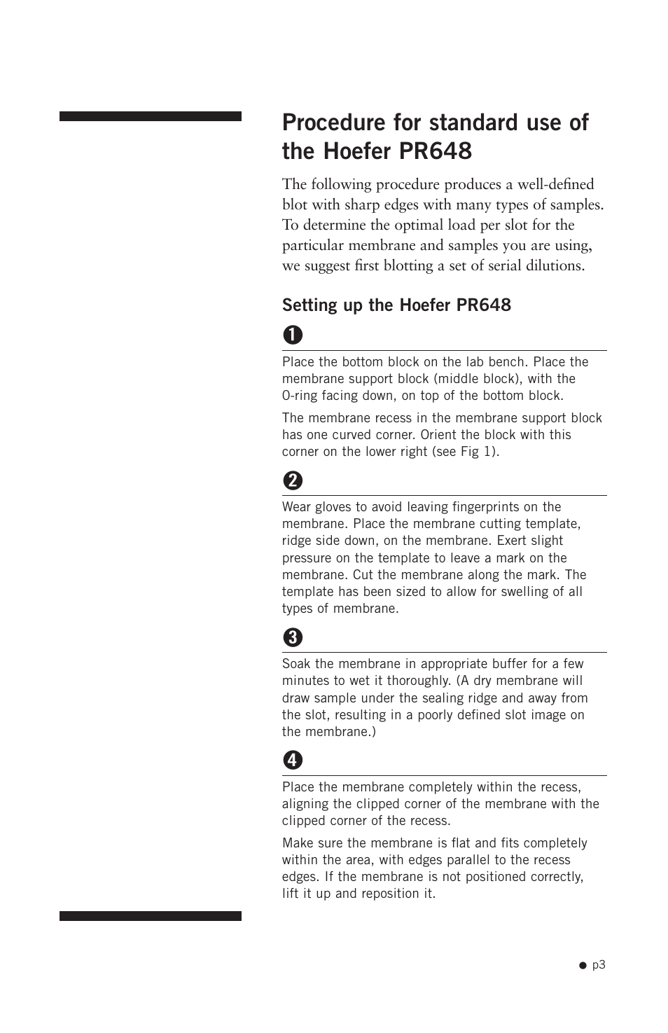 Procedure for standard use of the hoefer pr648, Setting up the hoefer pr648 | Hoefer PR648 User Manual | Page 5 / 11