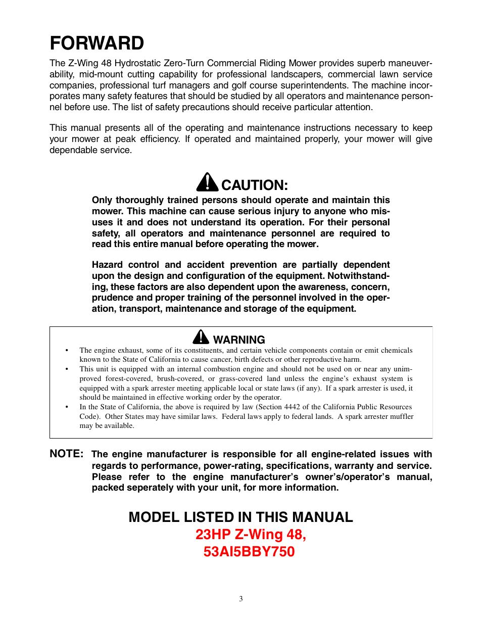 Forward, Caution | Cub Cadet Z - Wing 48 User Manual | Page 3 / 32