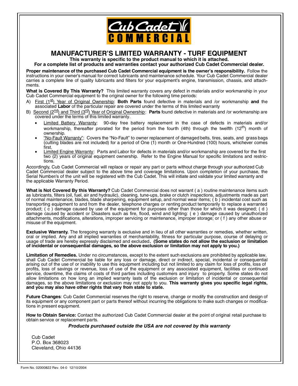 Manufacturer’s limited warranty - turf equipment | Cub Cadet Z - Wing 48 User Manual | Page 32 / 32