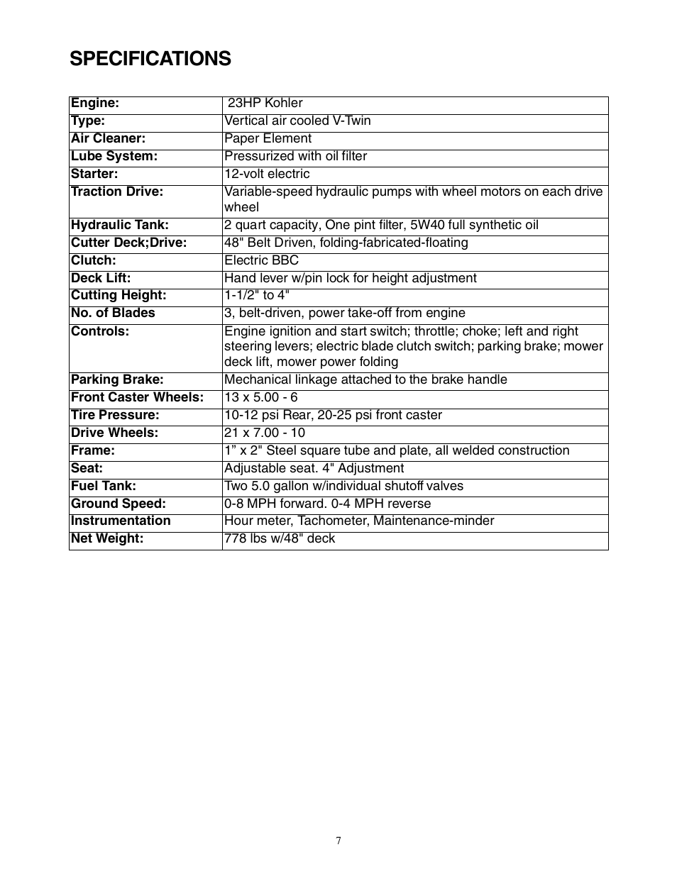Specifications | Cub Cadet Z - Wing 48 User Manual | Page 7 / 32