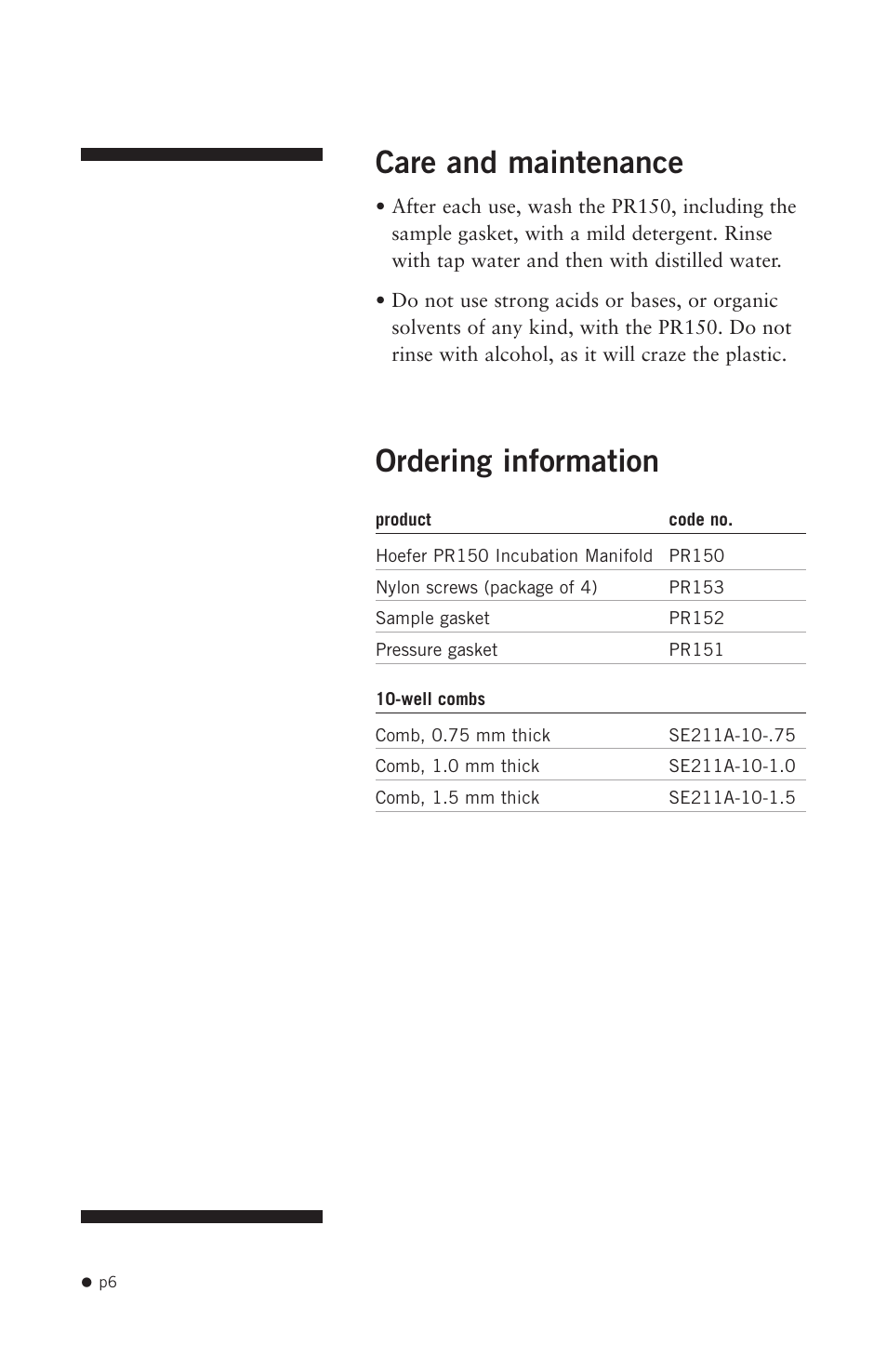 Care and maintenance, Ordering information | Hoefer PR150 User Manual | Page 8 / 9