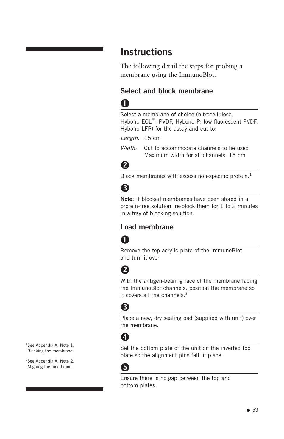 Instructions, Select and block membrane, Load membrane | Hoefer PR625 Immunoblot User Manual | Page 5 / 21