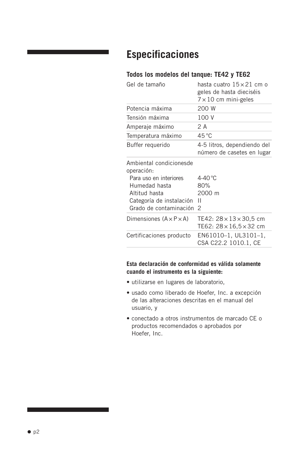 Especificaciones | Hoefer TE42 User Manual | Page 10 / 35