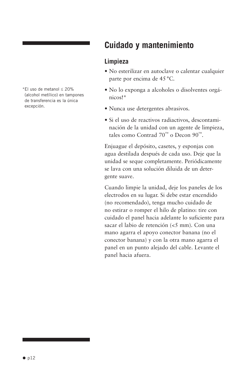 Cuidado y mantenimiento, Limpieza | Hoefer TE42 User Manual | Page 20 / 35