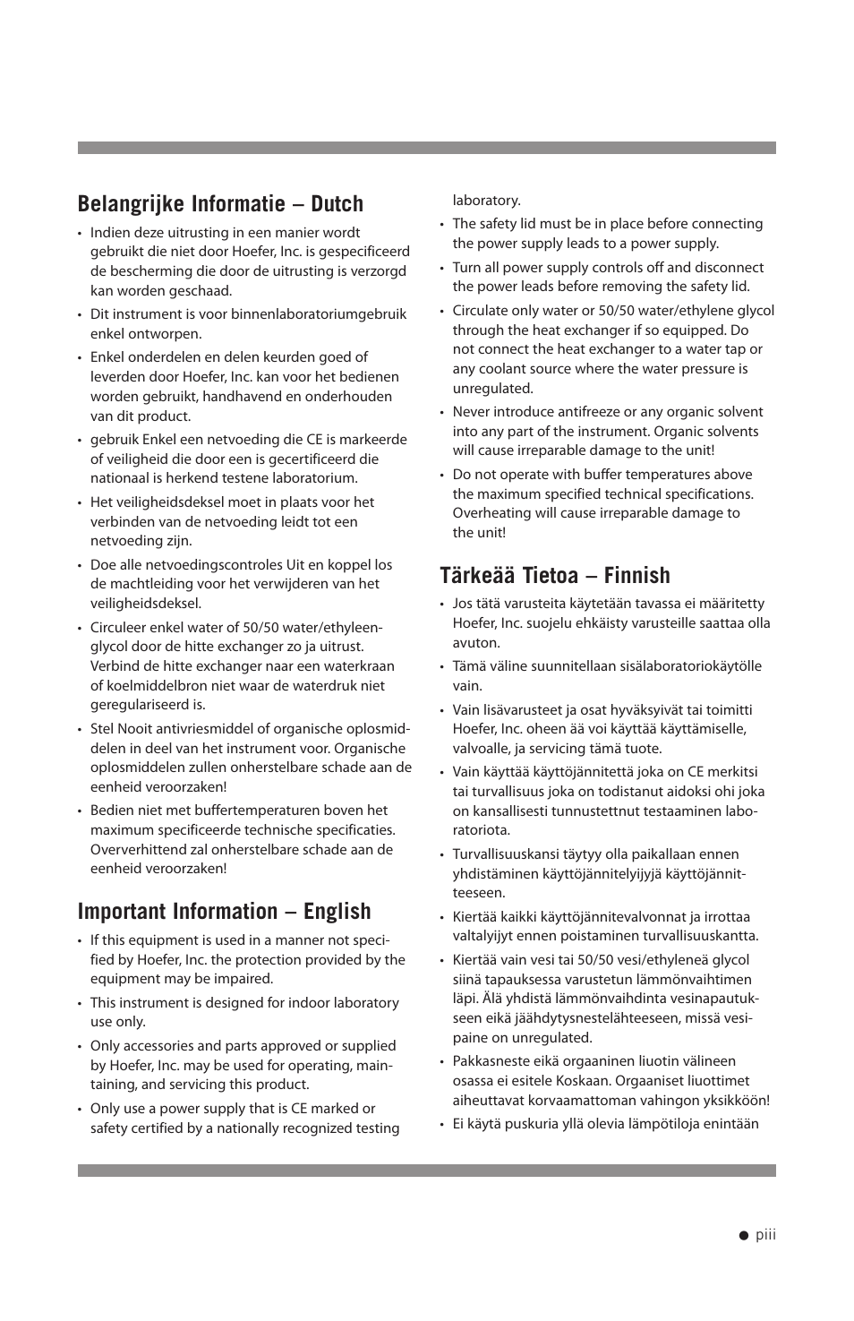 Belangrijke informatie – dutch, Important information – english, Tärkeää tietoa – finnish | Hoefer TE42 User Manual | Page 4 / 35