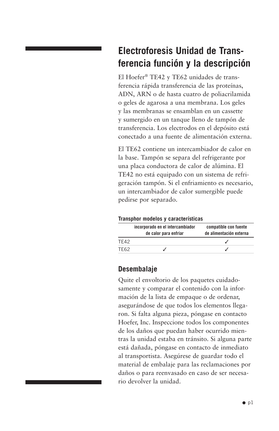 Desembalaje | Hoefer TE42 User Manual | Page 9 / 35