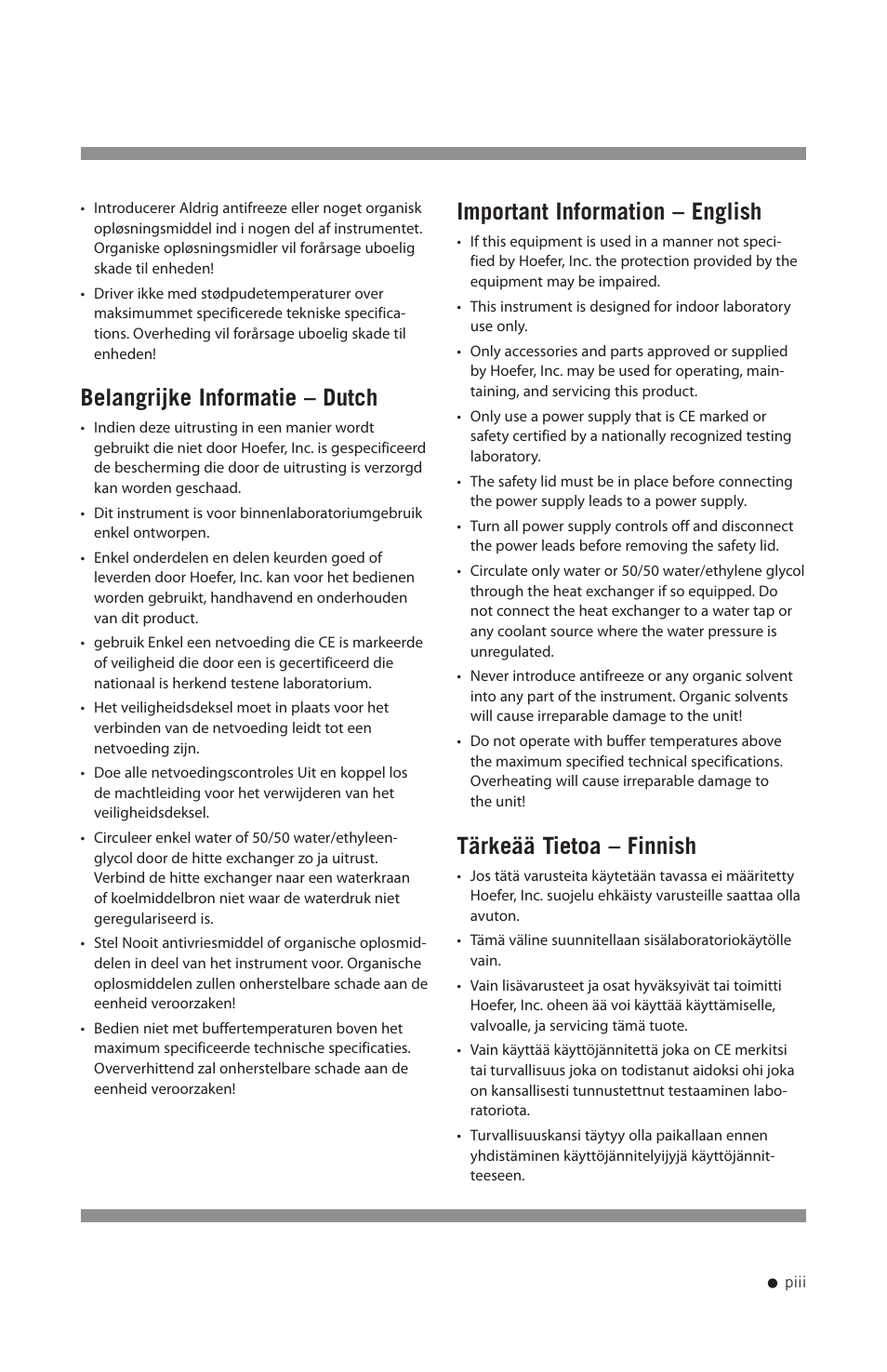 Belangrijke informatie – dutch, Important information – english, Tärkeää tietoa – finnish | Hoefer TE42 User Manual | Page 4 / 35