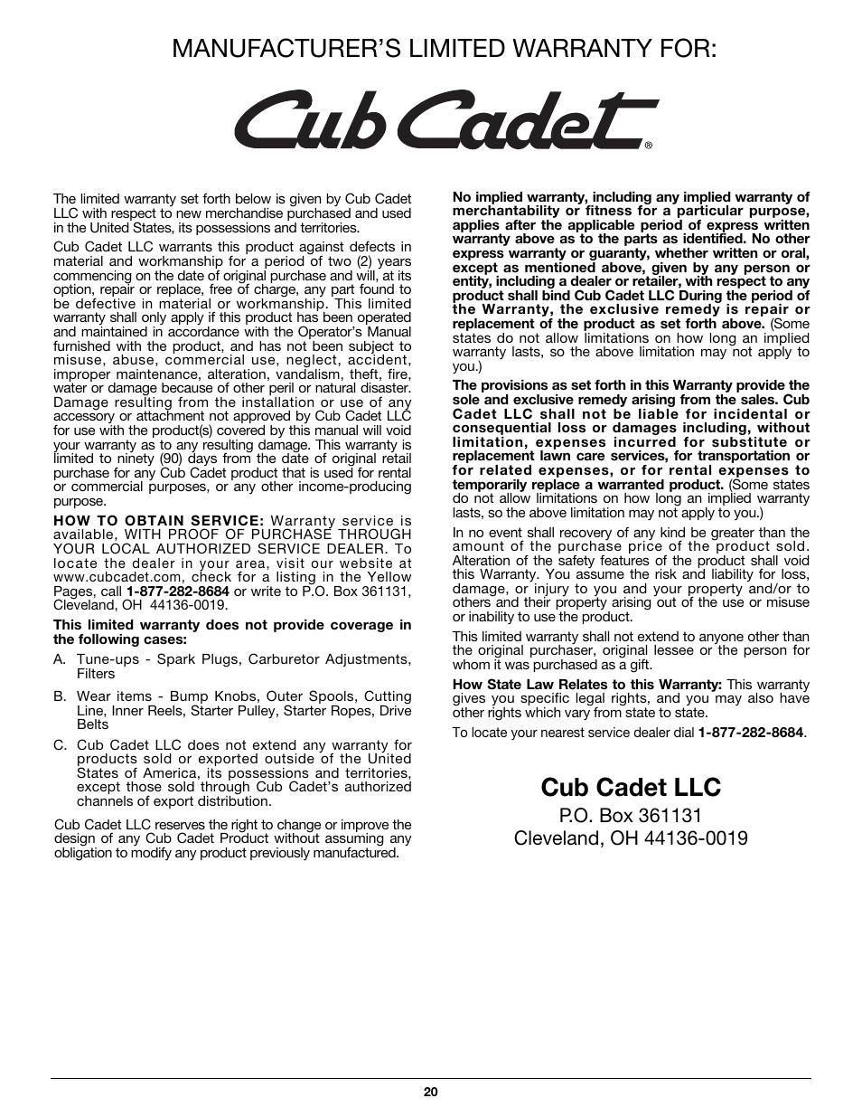 Manufacturer’s limited warranty for, Cub cadet llc | Cub Cadet CC5090 User Manual | Page 20 / 60