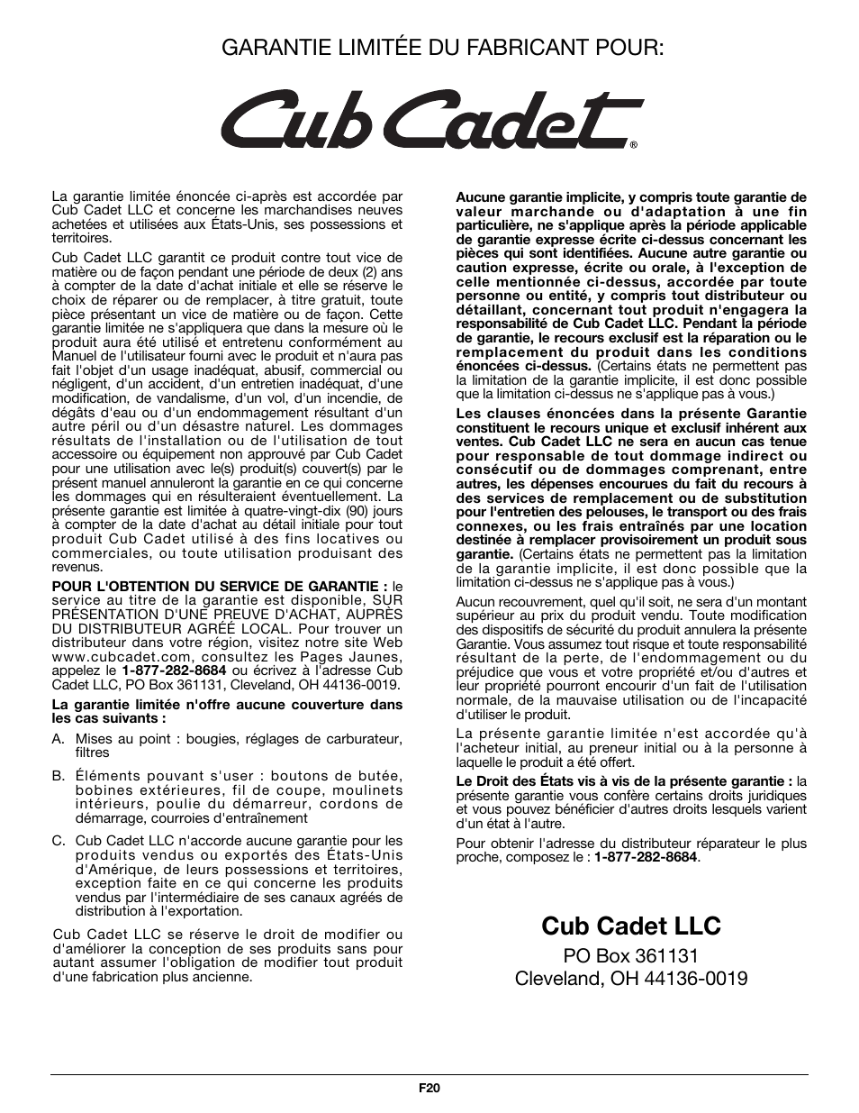 Cub cadet llc, Garantie limitée du fabricant pour | Cub Cadet CC5090 User Manual | Page 40 / 60