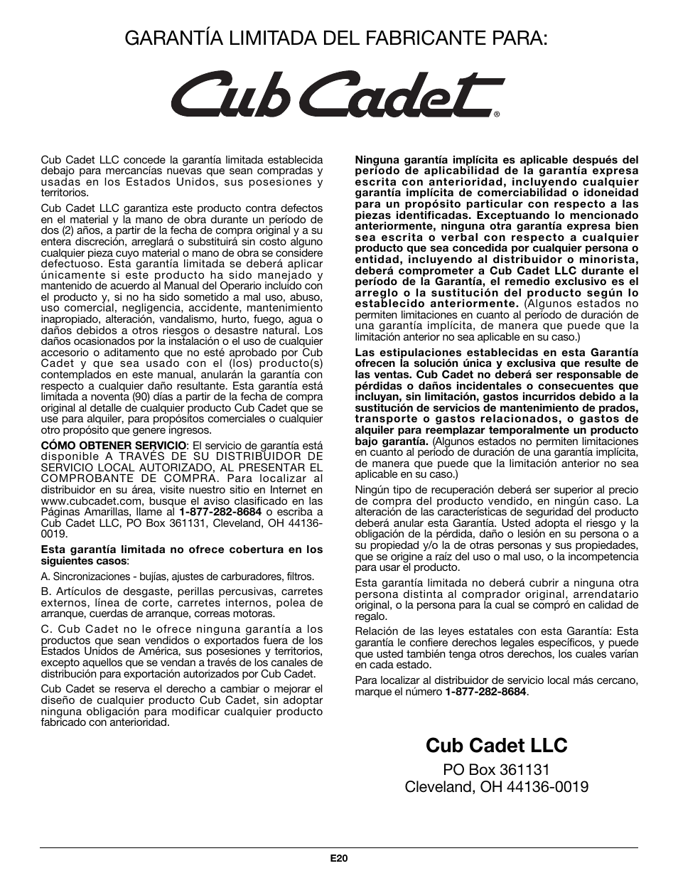 Garantía limitada del fabricante para, Cub cadet llc | Cub Cadet CC5090 User Manual | Page 60 / 60
