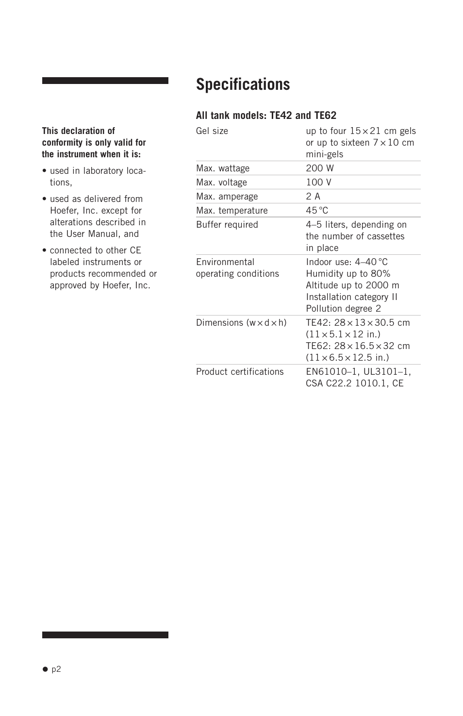 Specifications | Hoefer TE42 User Manual | Page 10 / 35