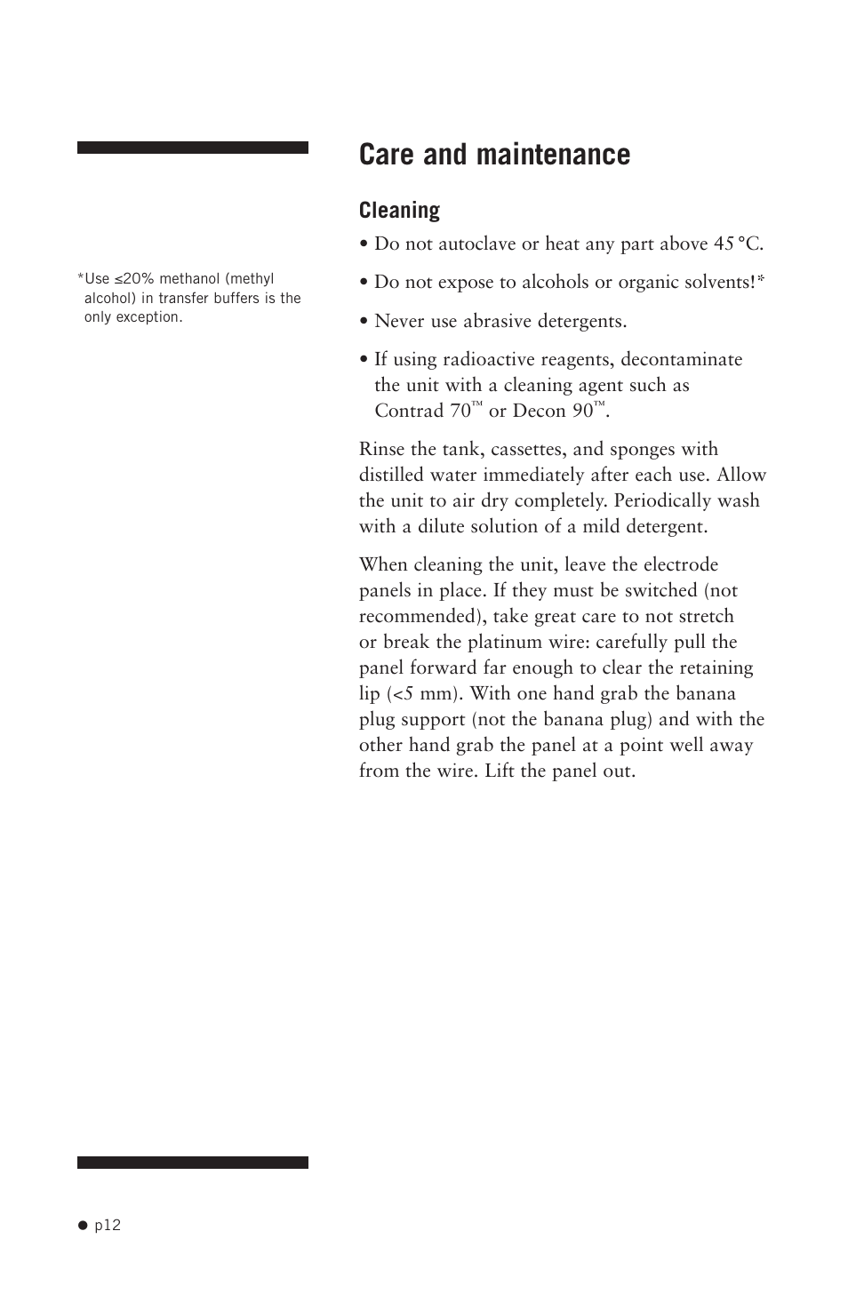 Care and maintenance, Cleaning | Hoefer TE42 User Manual | Page 20 / 35