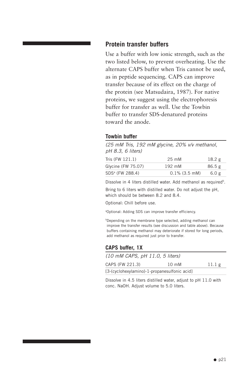 Protein transfer buffers, Caps buffer, 1x | Hoefer TE42 User Manual | Page 29 / 35