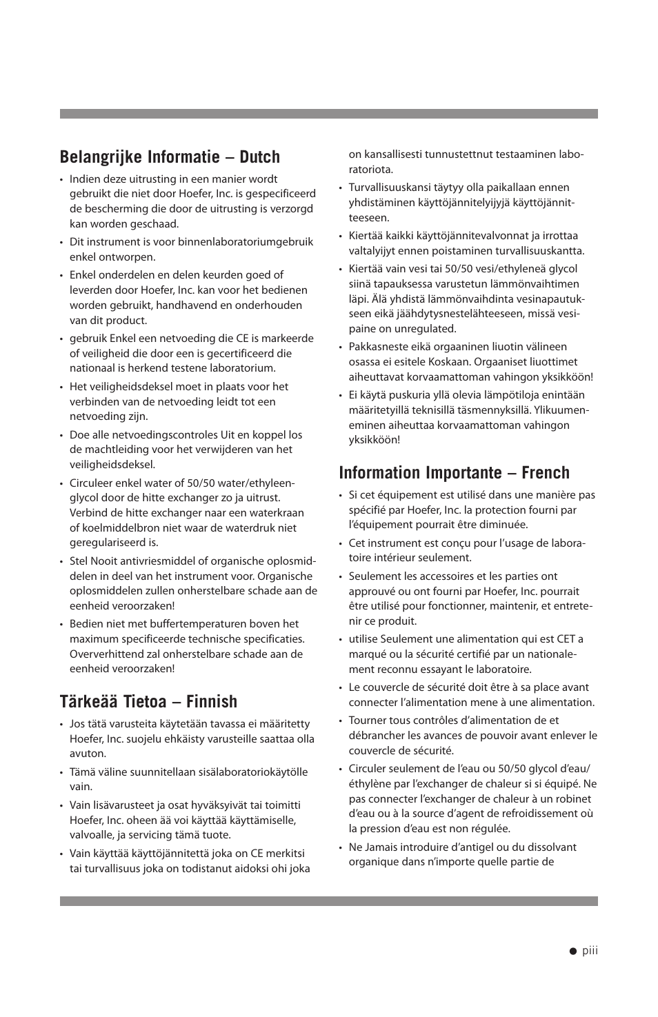 Belangrijke informatie – dutch, Tärkeää tietoa – finnish, Information importante – french | Hoefer TE42 User Manual | Page 4 / 35