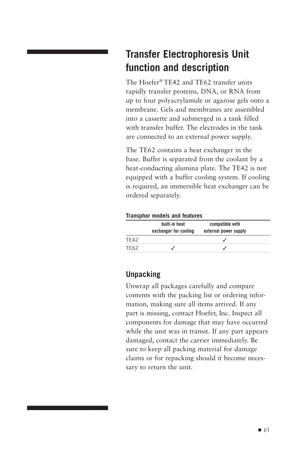 Unpacking | Hoefer TE42 User Manual | Page 9 / 35