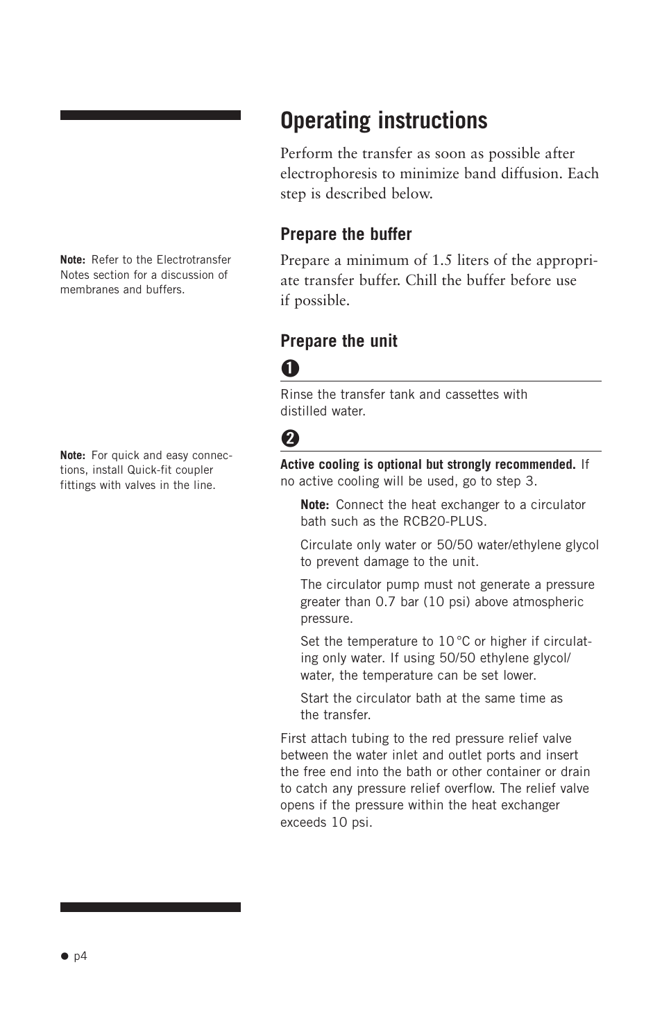 Operating instructions, Prepare the buffer, Prepare the unit | Hoefer TE22 User Manual | Page 12 / 31