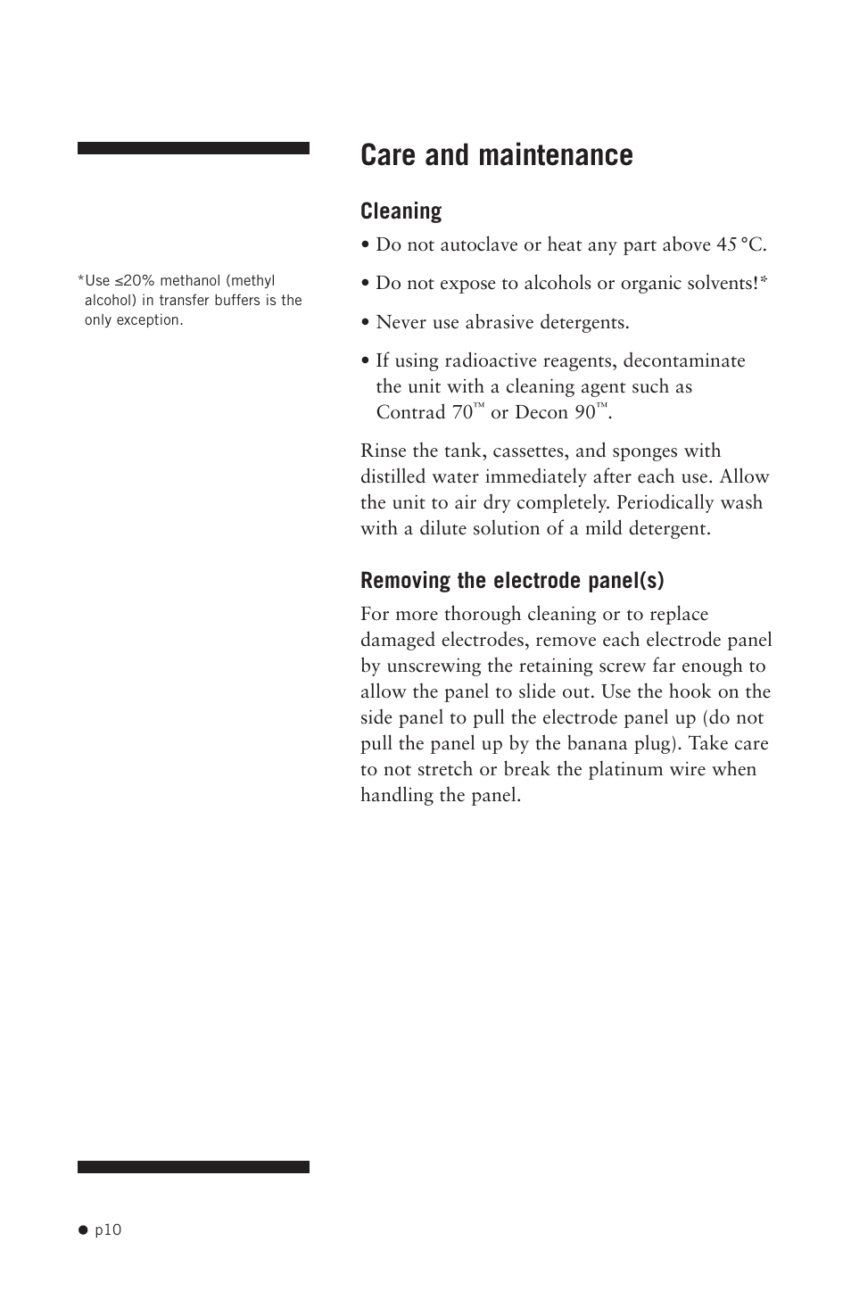 Care and maintenance, Cleaning, Removing the electrode panel(s) | Hoefer TE22 User Manual | Page 18 / 31