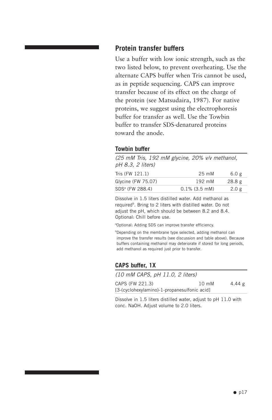 Protein transfer buffers, Caps buffer, 1x | Hoefer TE22 User Manual | Page 25 / 31