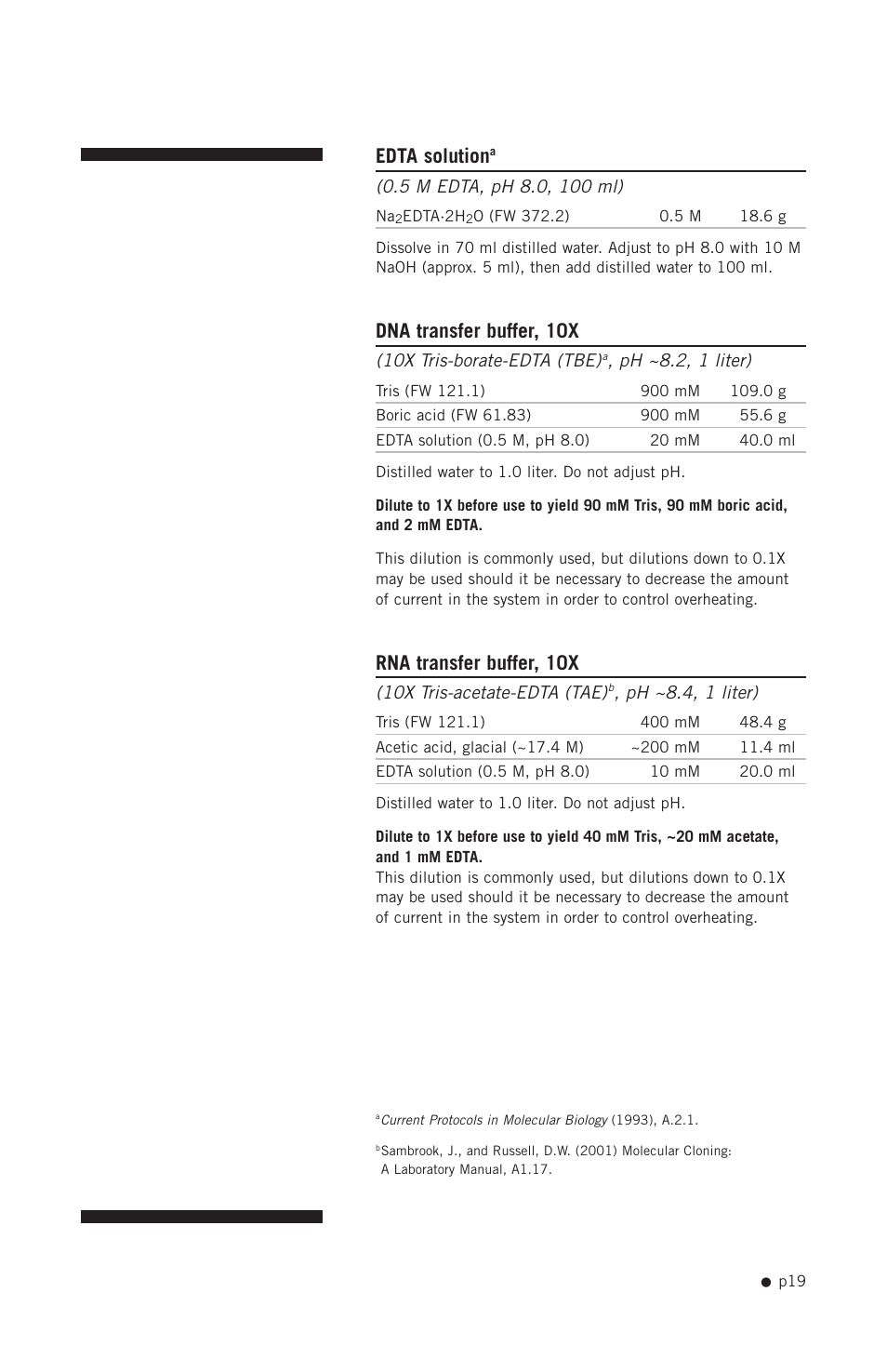 Edta solution, Dna transfer buffer, 10x, Rna transfer buffer, 10x | Hoefer TE22 User Manual | Page 27 / 31