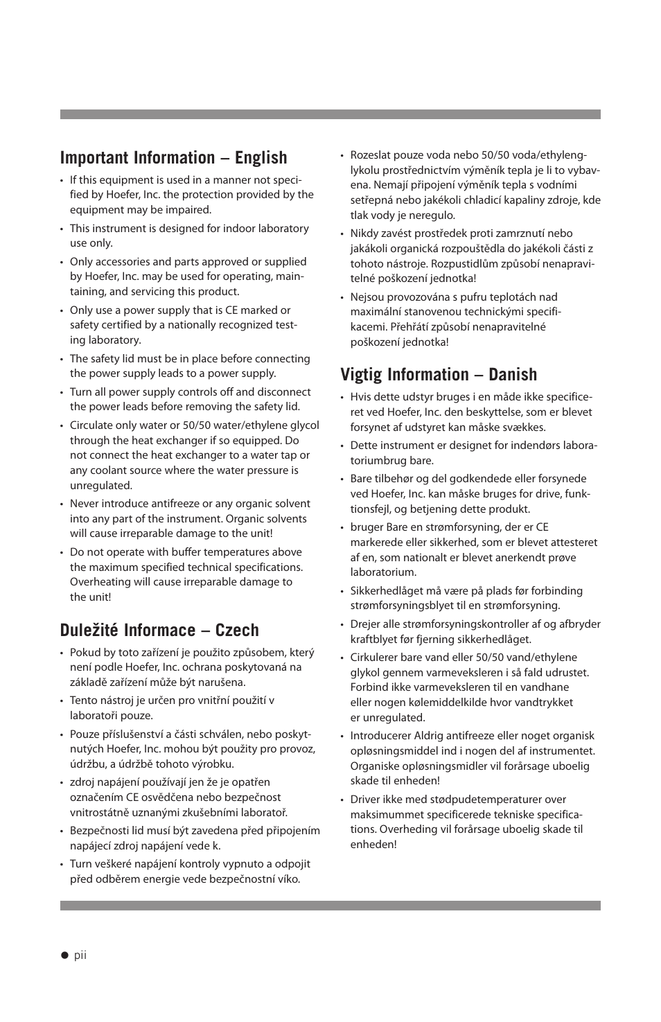 Important information – english, Duležité informace – czech, Vigtig information – danish | Hoefer TE22 User Manual | Page 3 / 31
