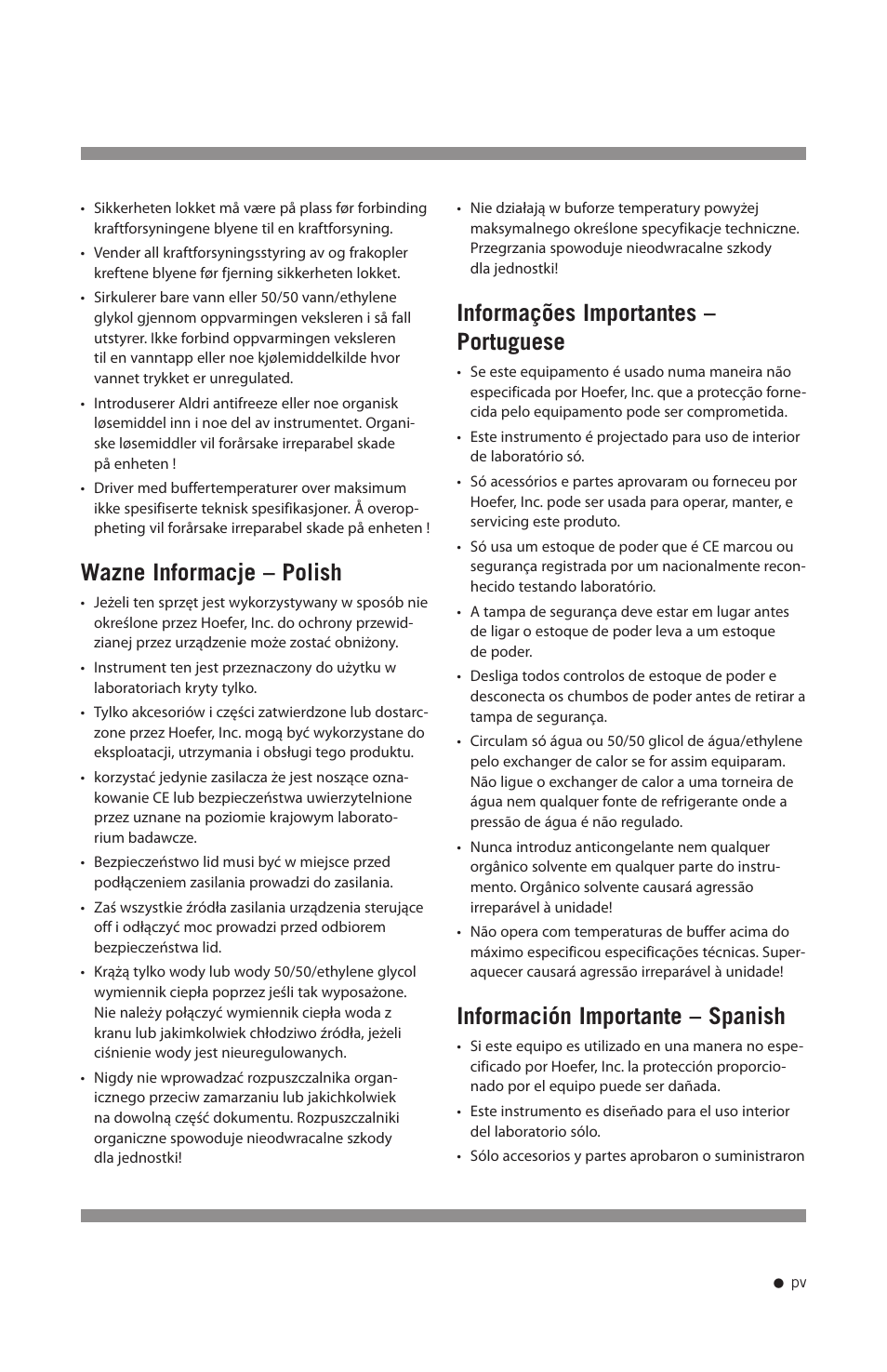 Wazne informacje – polish, Informações importantes – portuguese, Información importante – spanish | Hoefer TE22 User Manual | Page 6 / 31