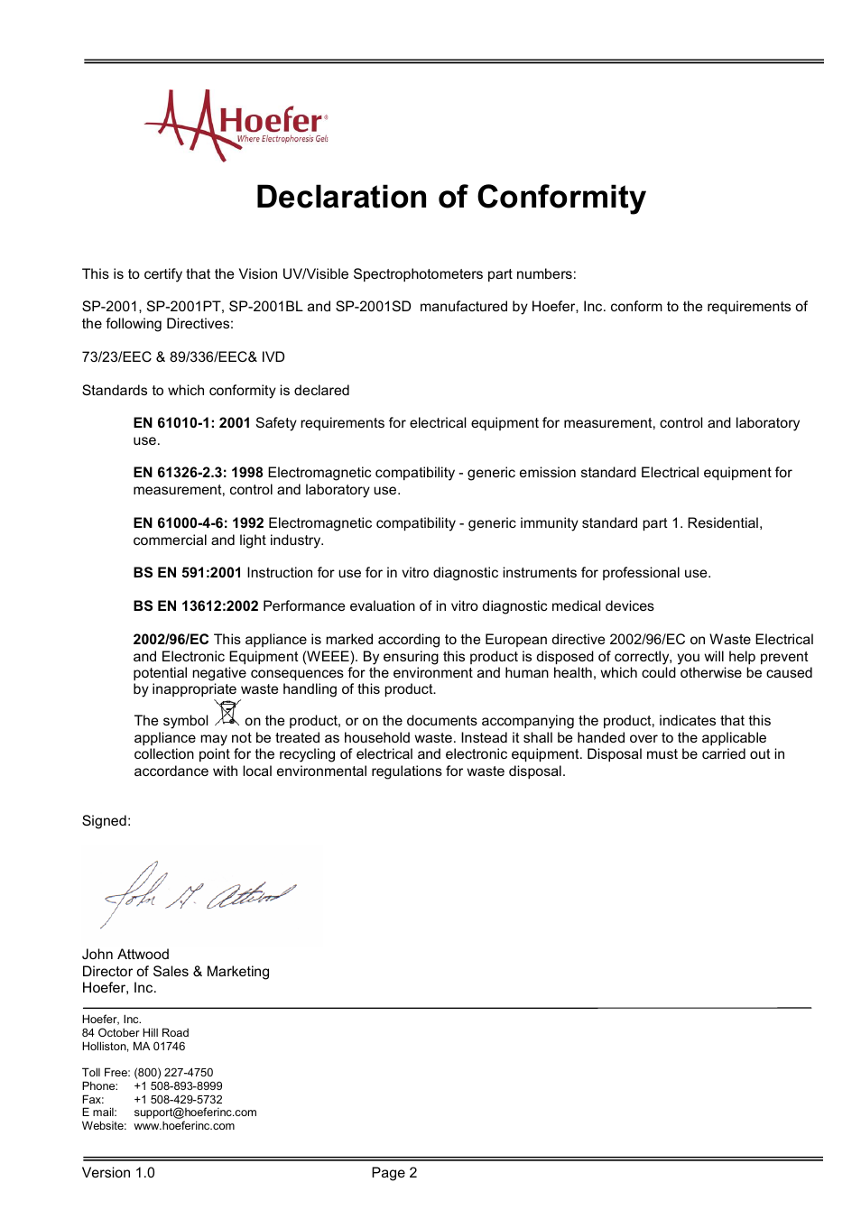 Declaration of conformity | Hoefer SP-2001 Vision Life Spectrophotometer User Manual | Page 2 / 66