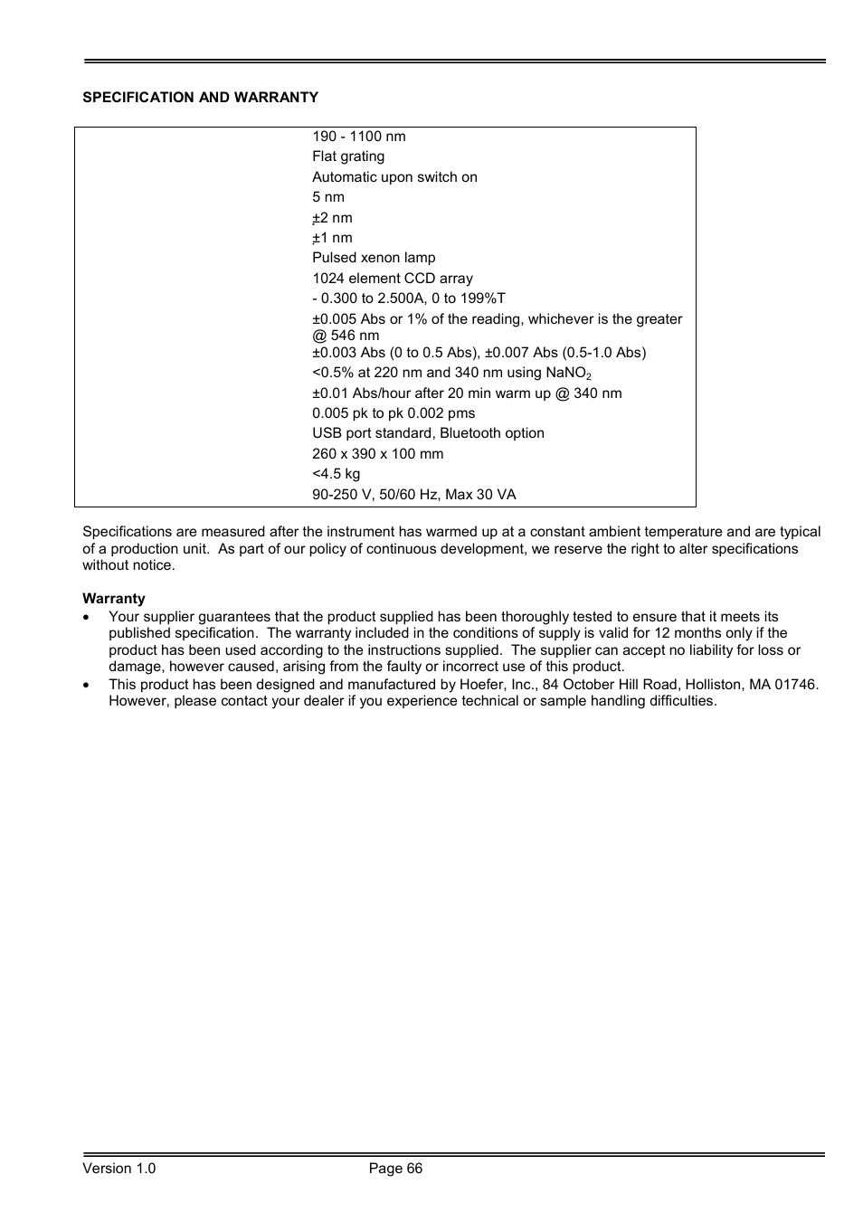Hoefer SP-2001 Vision Life Spectrophotometer User Manual | Page 66 / 66