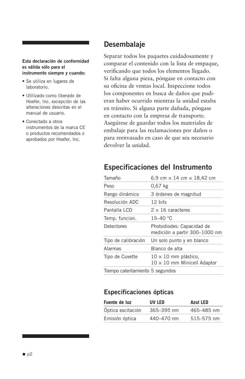 Especificaciones del instrumento, Desembalaje, Especificaciones ópticas | Hoefer DQ300 User Manual | Page 10 / 30