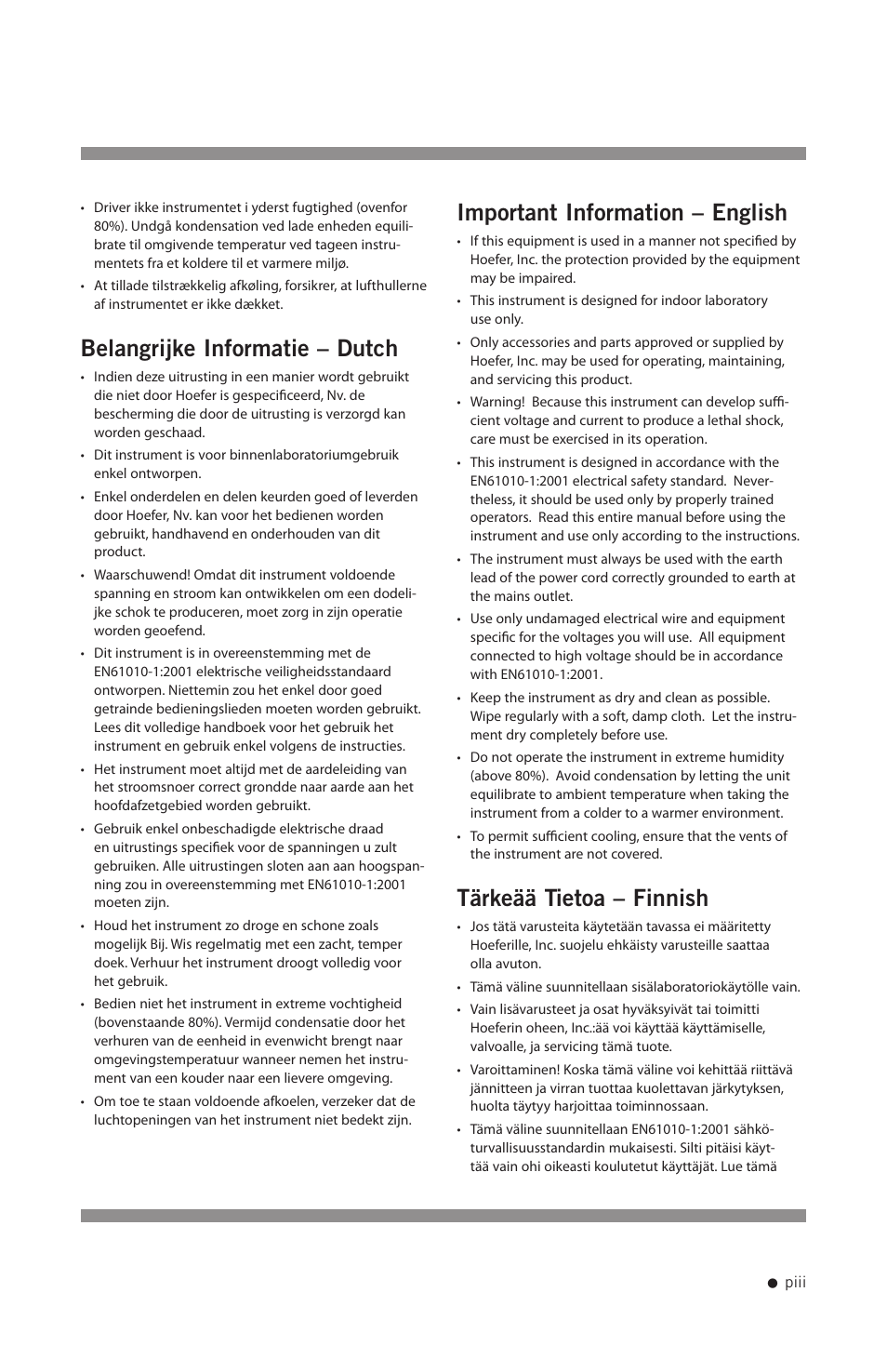 Belangrijke informatie – dutch, Important information – english, Tärkeää tietoa – finnish | Hoefer DQ300 User Manual | Page 4 / 30