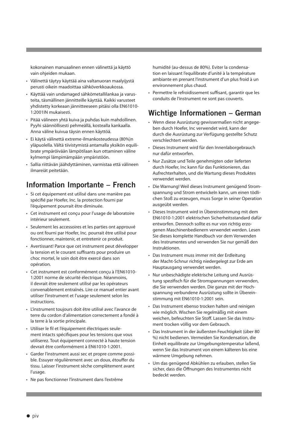 Information importante – french, Wichtige informationen – german | Hoefer DQ300 User Manual | Page 5 / 30