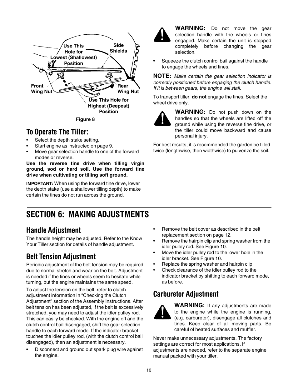 Handle adjustment, Belt tension adjustment, Carburetor adjustment | Cub Cadet RT 65 User Manual | Page 10 / 20
