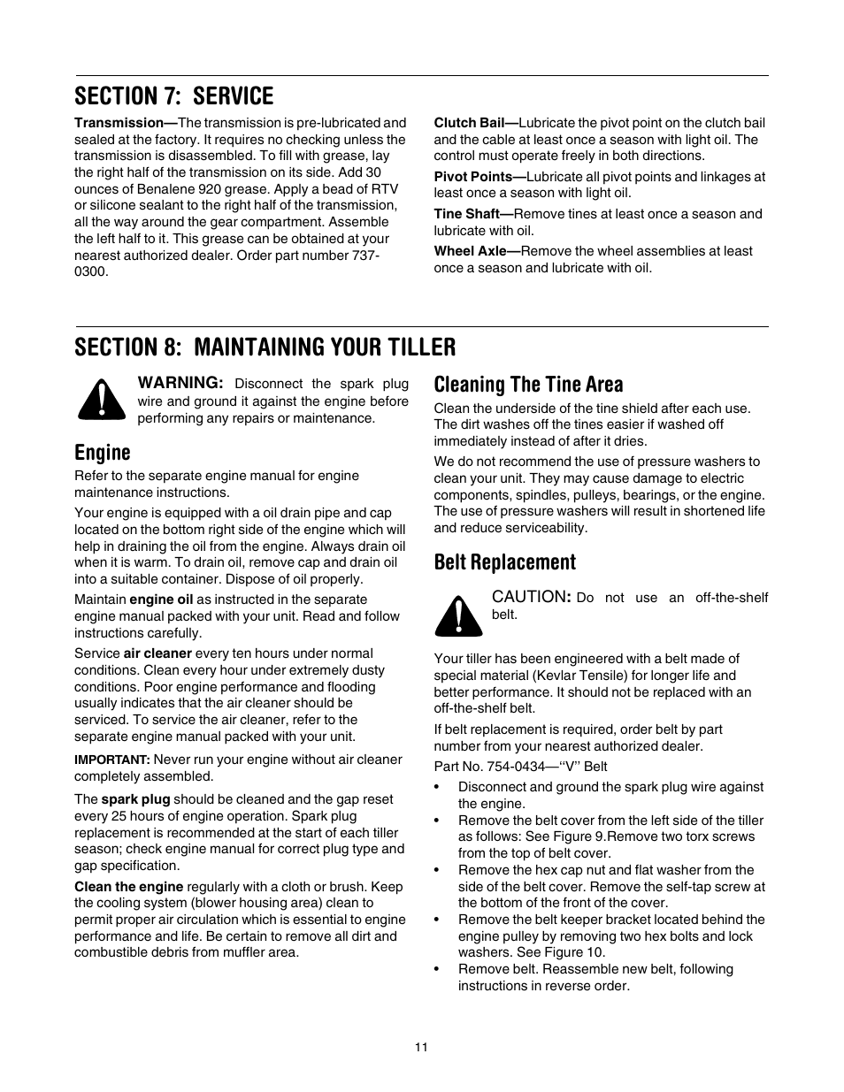Engine, Cleaning the tine area, Belt replacement | Cub Cadet RT 65 User Manual | Page 11 / 20