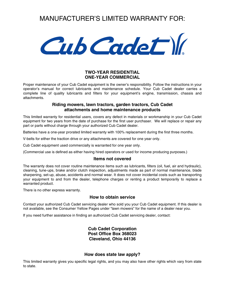 Manufacturer’s limited warranty for | Cub Cadet RT 65 User Manual | Page 20 / 20