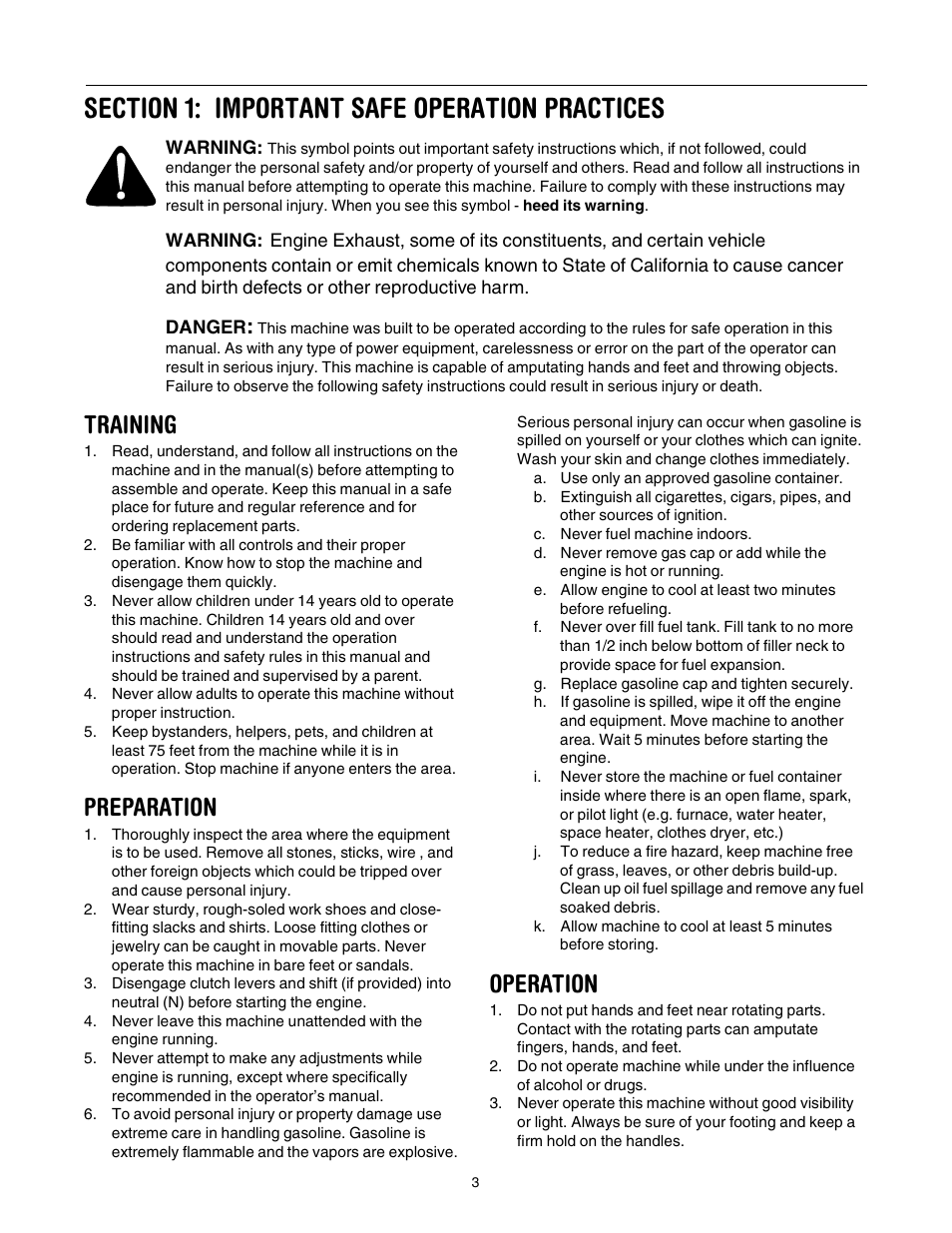 Training, Preparation, Operation | Cub Cadet RT 65 User Manual | Page 3 / 20