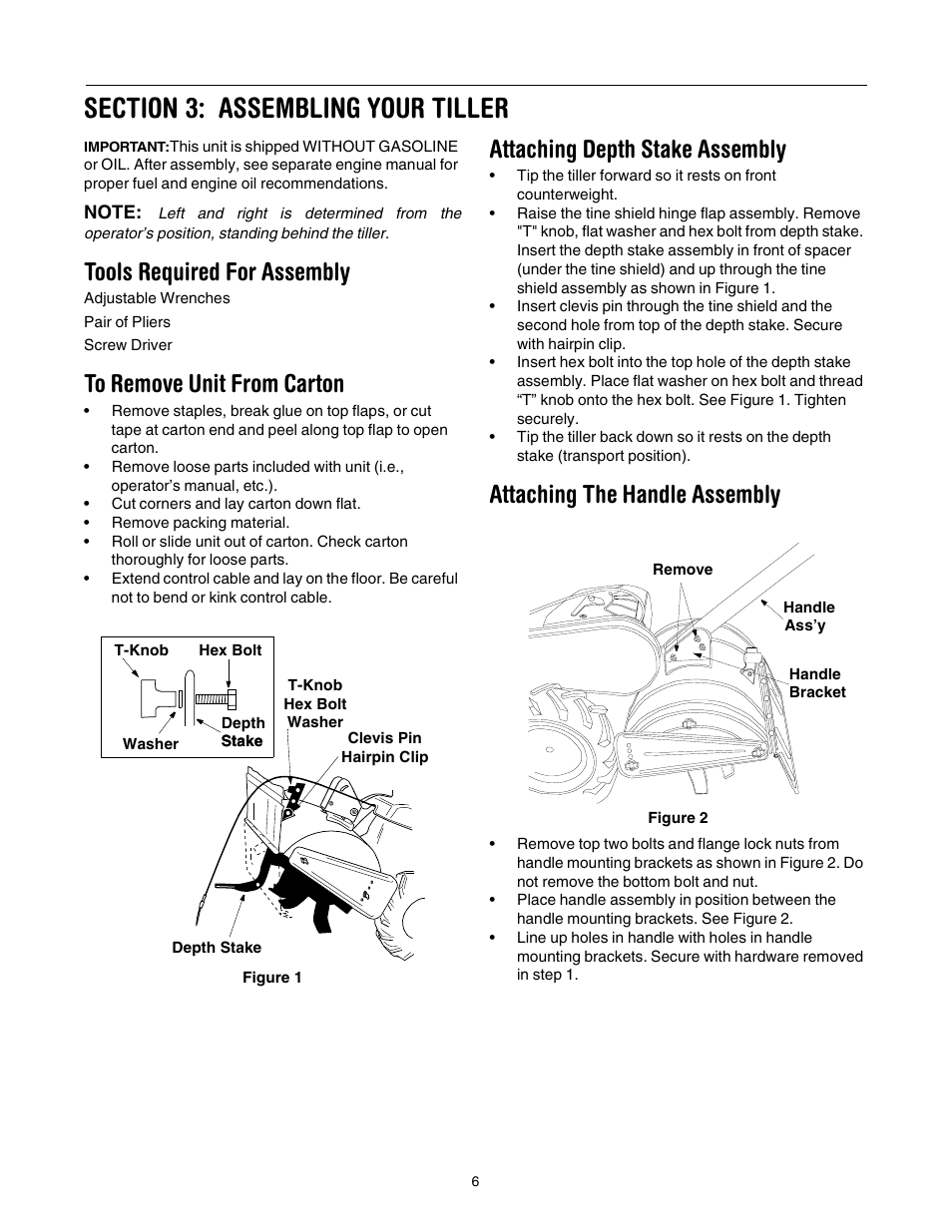 Tools required for assembly, Attaching depth stake assembly, Attaching the handle assembly | Cub Cadet RT 65 User Manual | Page 6 / 20