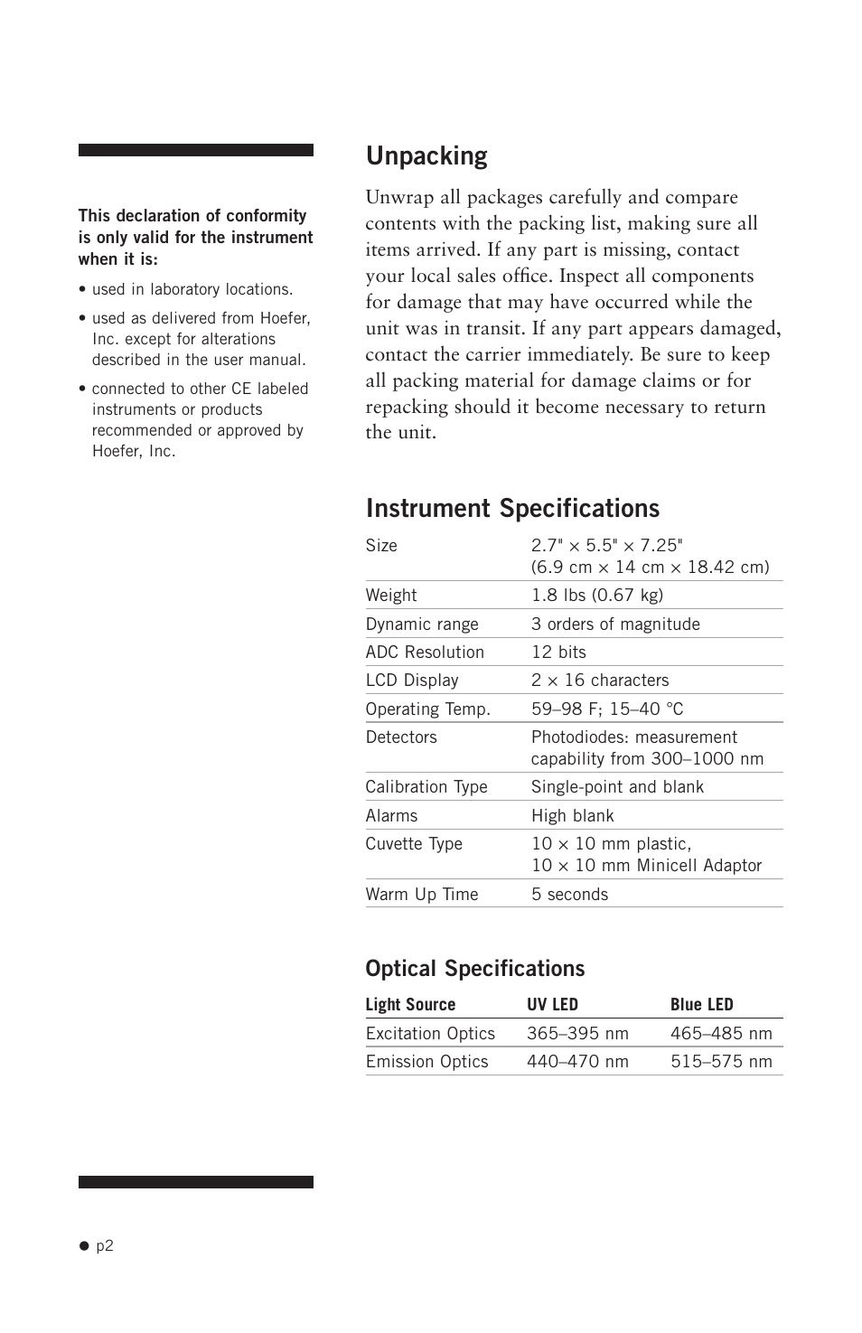 Instrument specifications, Unpacking, Optical specifications | Hoefer DQ300 User Manual | Page 10 / 30