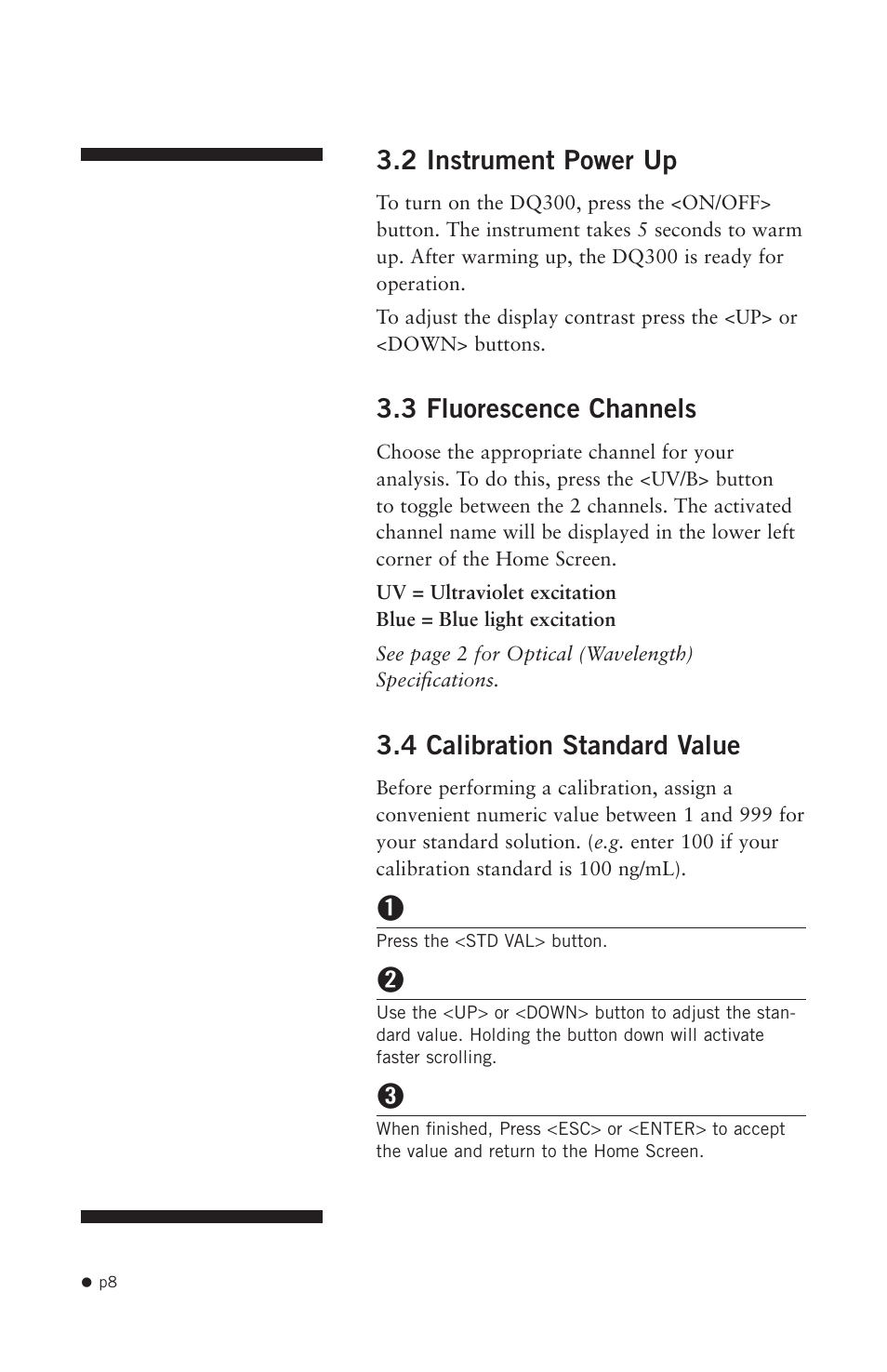 2 instrument power up, 3 fluorescence channels, 4 calibration standard value | Hoefer DQ300 User Manual | Page 16 / 30