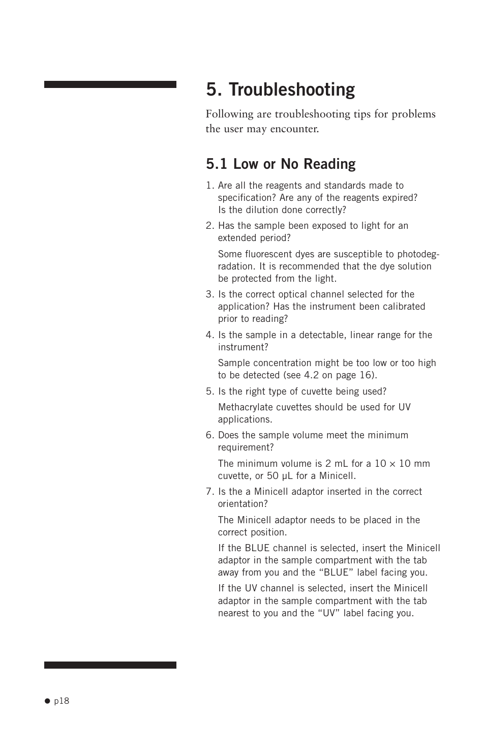 Troubleshooting, 1 low or no reading, Troubleshooting 5.1 low or no reading | Hoefer DQ300 User Manual | Page 26 / 30