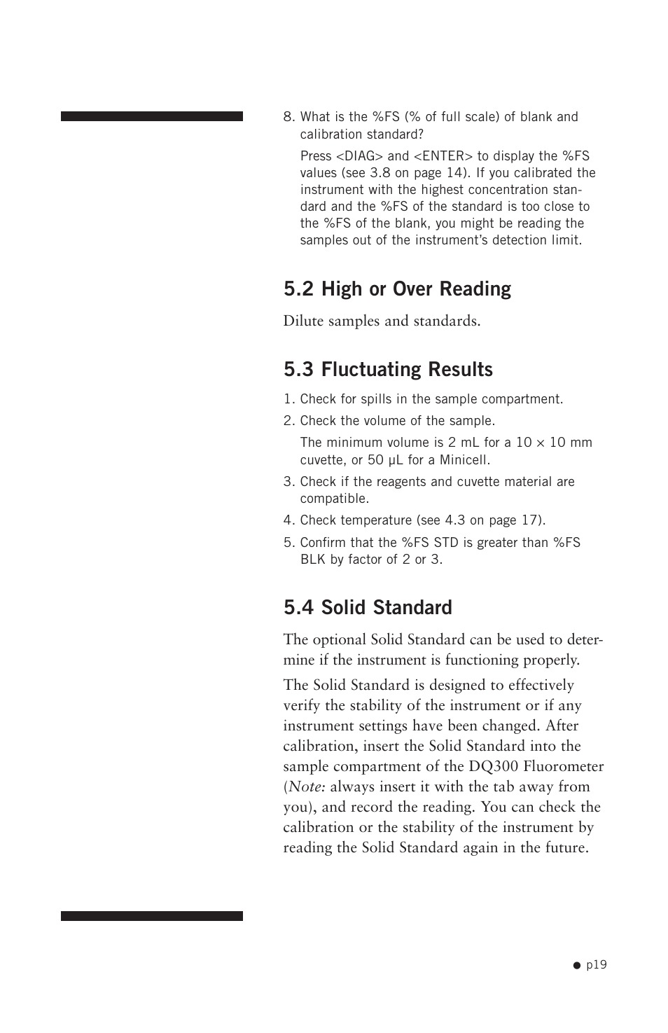 2 high or over reading, 3 fluctuating results, 4 solid standard | Hoefer DQ300 User Manual | Page 27 / 30