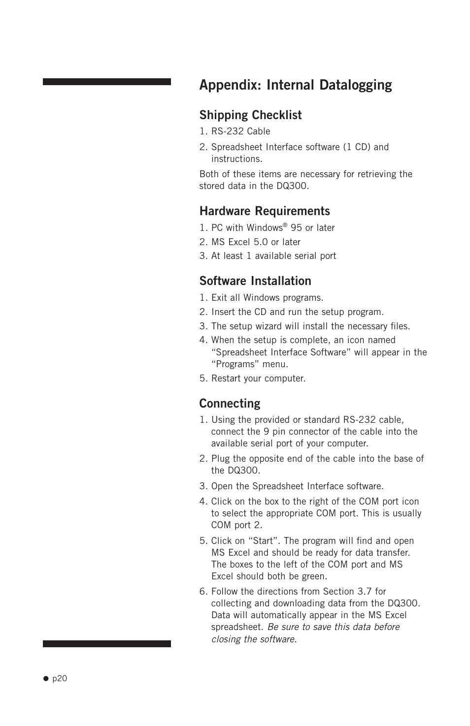 Appendix: internal datalogging, Appendix, Shipping checklist | Hardware requirements, Software installation, Connecting | Hoefer DQ300 User Manual | Page 28 / 30