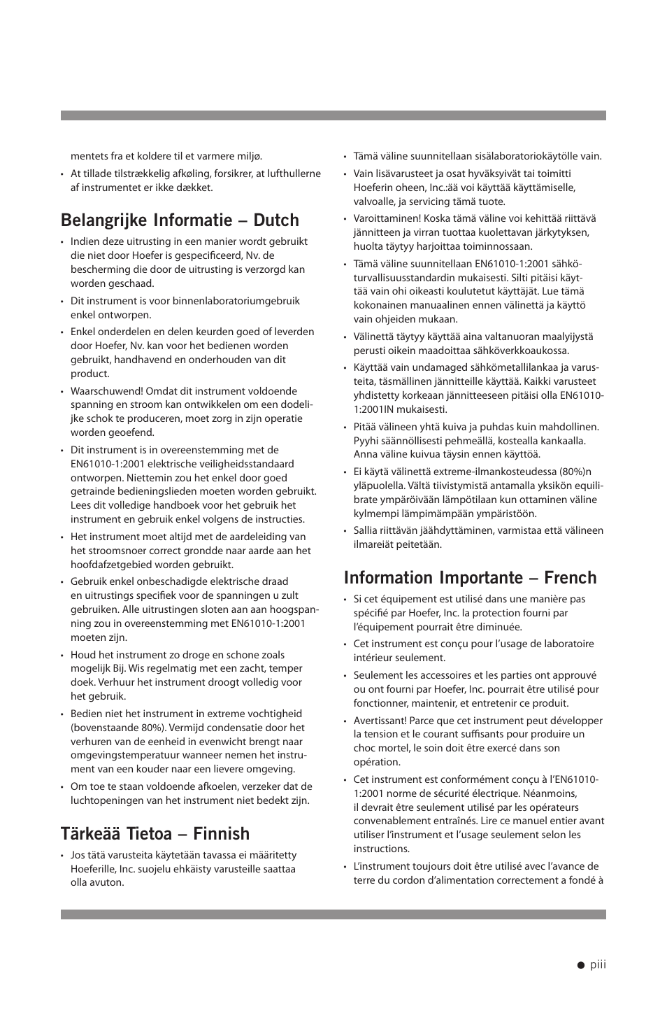 Belangrijke informatie – dutch, Tärkeää tietoa – finnish, Information importante – french | Hoefer DQ300 User Manual | Page 4 / 30