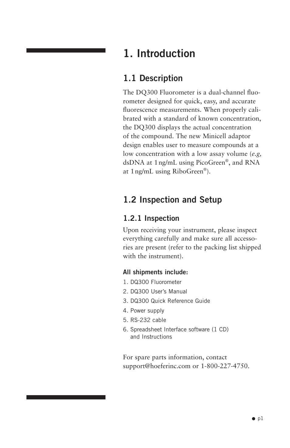 Introduction, 1 description, 2 inspection and setup | Hoefer DQ300 User Manual | Page 9 / 30