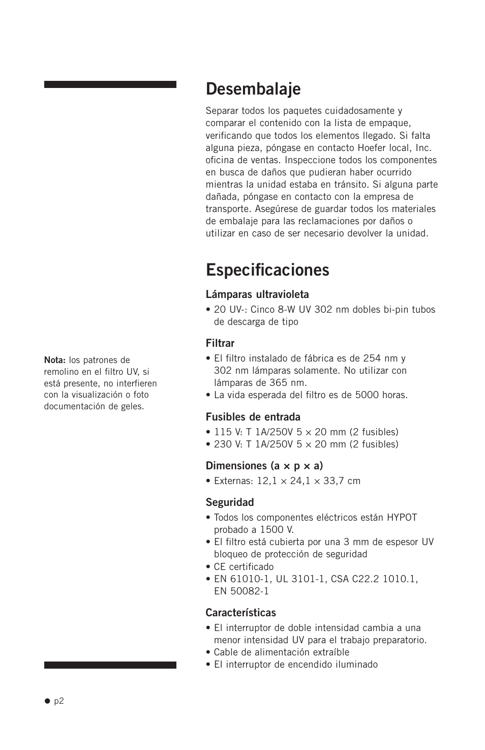 Desembalaje, Especificaciones | Hoefer UV20 User Manual | Page 10 / 21